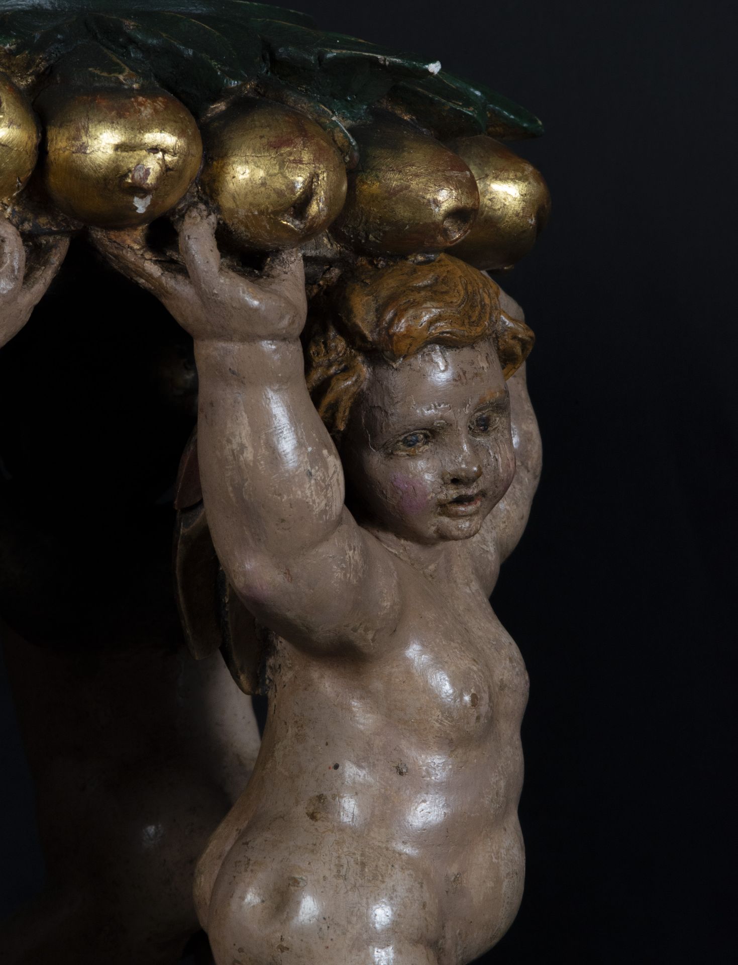 Pair of important bases with Cherubs in polychrome palace wood, Portuguese or German baroque work fr - Image 5 of 6