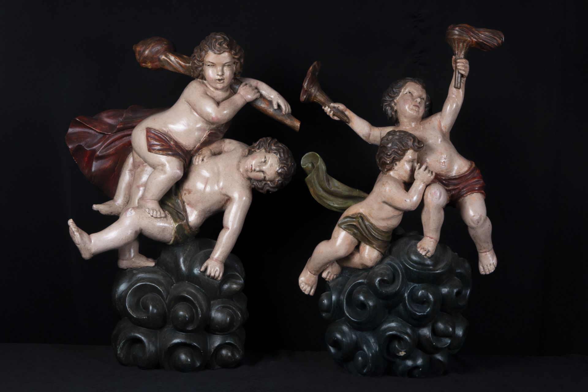 Pair of large colonial sculptural groups representing Cain Killing Abel and Blind Love, late 17th ce