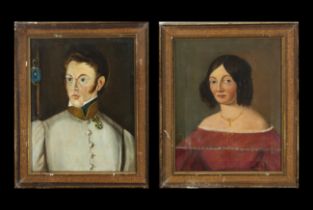 Pair of 19th century portraits of a Military man and a Lady, 19th century (late)