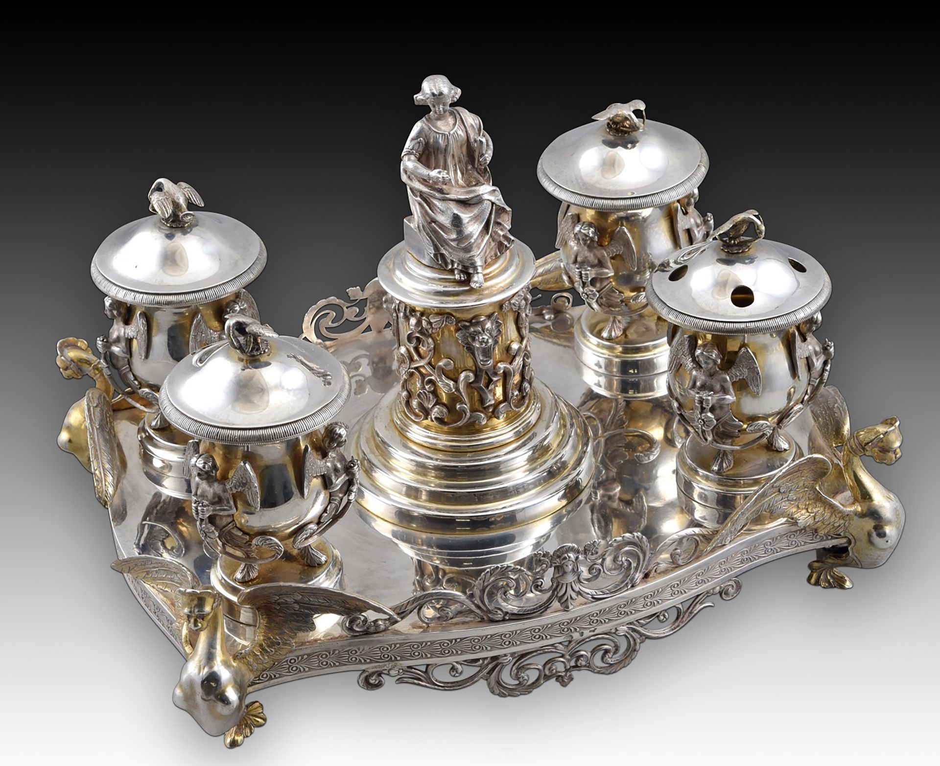 Exceptional Notary Office with four inkwells. Silver. Spain, late 19th century. With contrast markin - Bild 8 aus 15