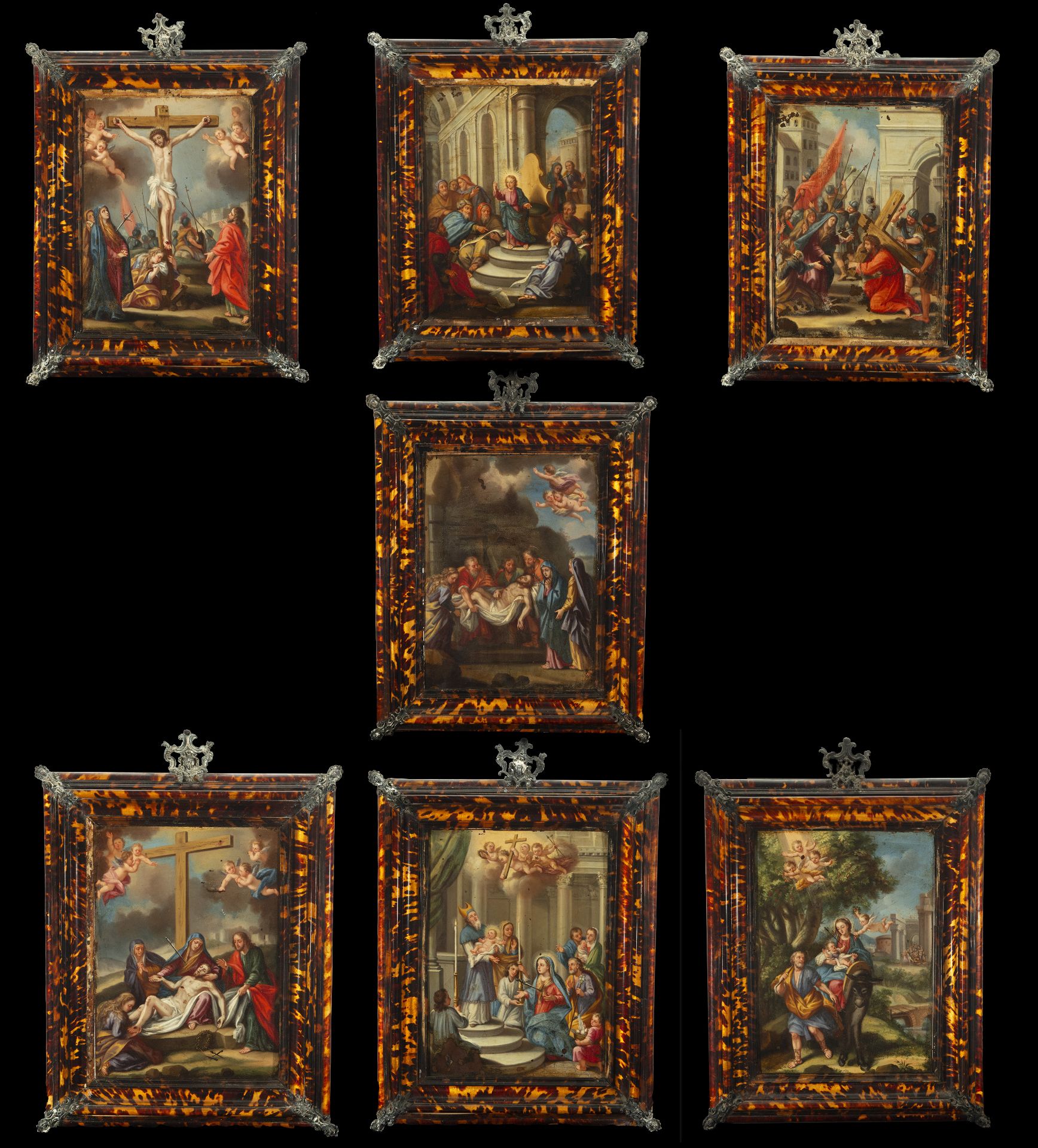 Exceptional lot of seven Italian Neapolitan oils on copper from the 17th century with antique tortoi