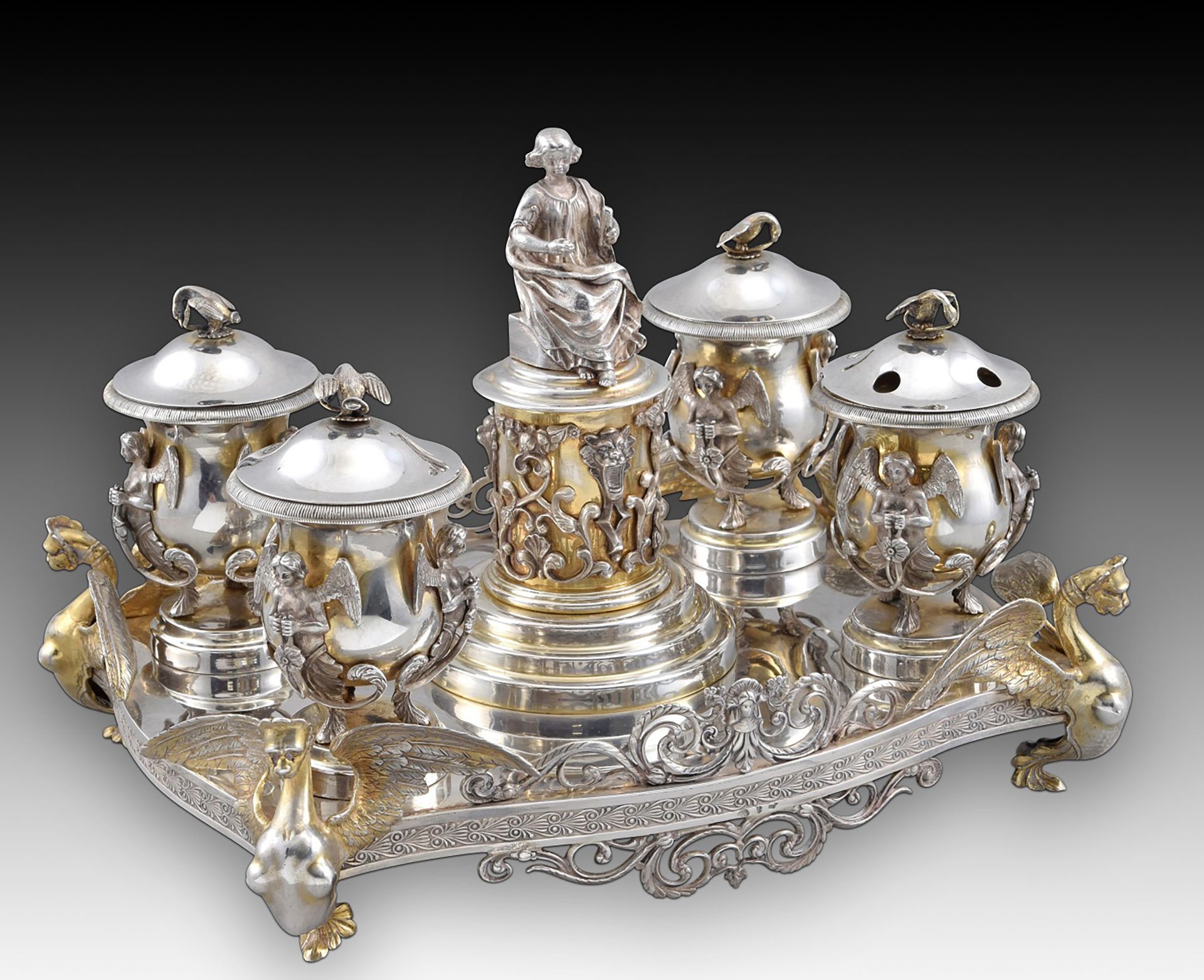 Exceptional Notary Office with four inkwells. Silver. Spain, late 19th century. With contrast markin