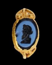 Ancient Roman gold ring with a nicolo intaglio of a bearded Bacchus