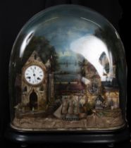 Clock forming an automaton decorated with a town with the sea, in polychrome glass lantern, wood, 19