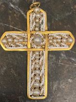 Large Ibizan 9k filgree gold cross inlaid with pearls and glass paste, Mahón or Ibiza 19th century