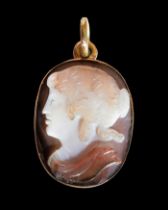 Agate cameo of a muse mounted in a gold pendant mount. Italian, 17th century.