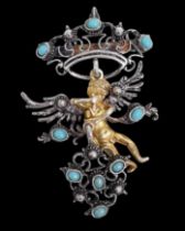 Turquoise, silver and silver gilt pendant with Cupid. Italian, late 19th century