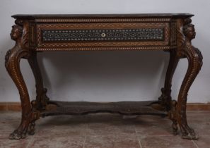 Beautiful table with drawer, made of copper, ebony and mother-of-pearl with bone inlays, 19th centur