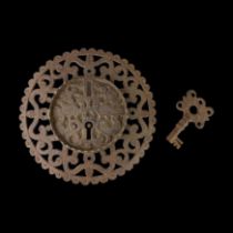 Bold pierced iron casket lock & original key. Spanish, 17th century.