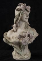 Biscuit bust of a young lady with flowers in her hand and head, 19th century