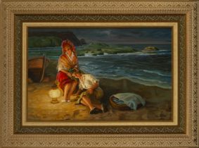 Burguete (signed), two women on the beach at night, Spanish school, 20th century