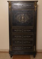 Distinguished Louis XV style Entredos Furniture with desk in ebonized wood and mercury gilded bronze