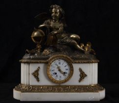 Bronze and white marble clock crowned by a little angel, 19th century