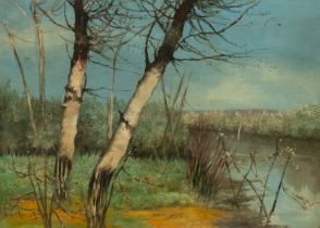 García Rodríguez (signed), Landscape with three trees and river, Spanish school, 19th - 20th centuri