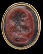 Gold fob seal with a jasper intaglio of Zeus. English, mid 19th century.