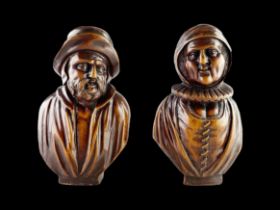 Bold pair of boxwood busts of a husband and wife. Flemish, mid 18th century.