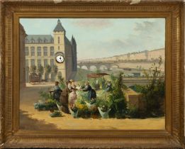 Clock picture with flower market in the Plaza, Italian school, 19th century