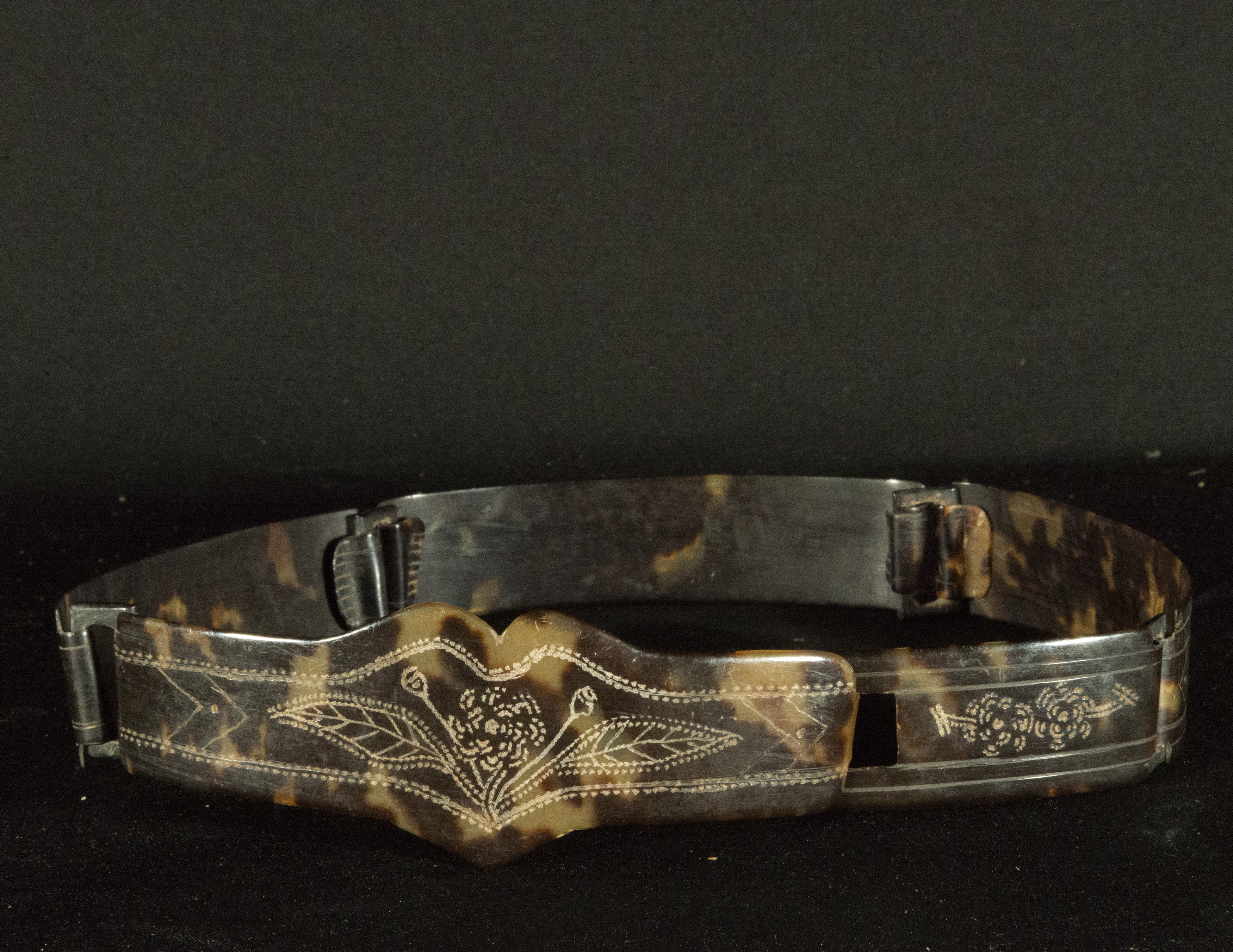 Rare French colonial belt in tortoiseshell, with Lady's name and engraved flourishes
