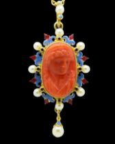 Renaissance revival pendant with a coral cameo of Ceres. Italian, c.1880.
