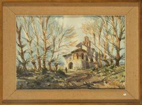 Pastor Calpena (signed), Landscape with church, Valencian school, 20th century