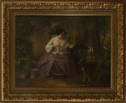 Antonio Gisbert (Alcoy, 1834 - Paris, 1901), signed, Portrait of a woman sewing with a dog, Alicante