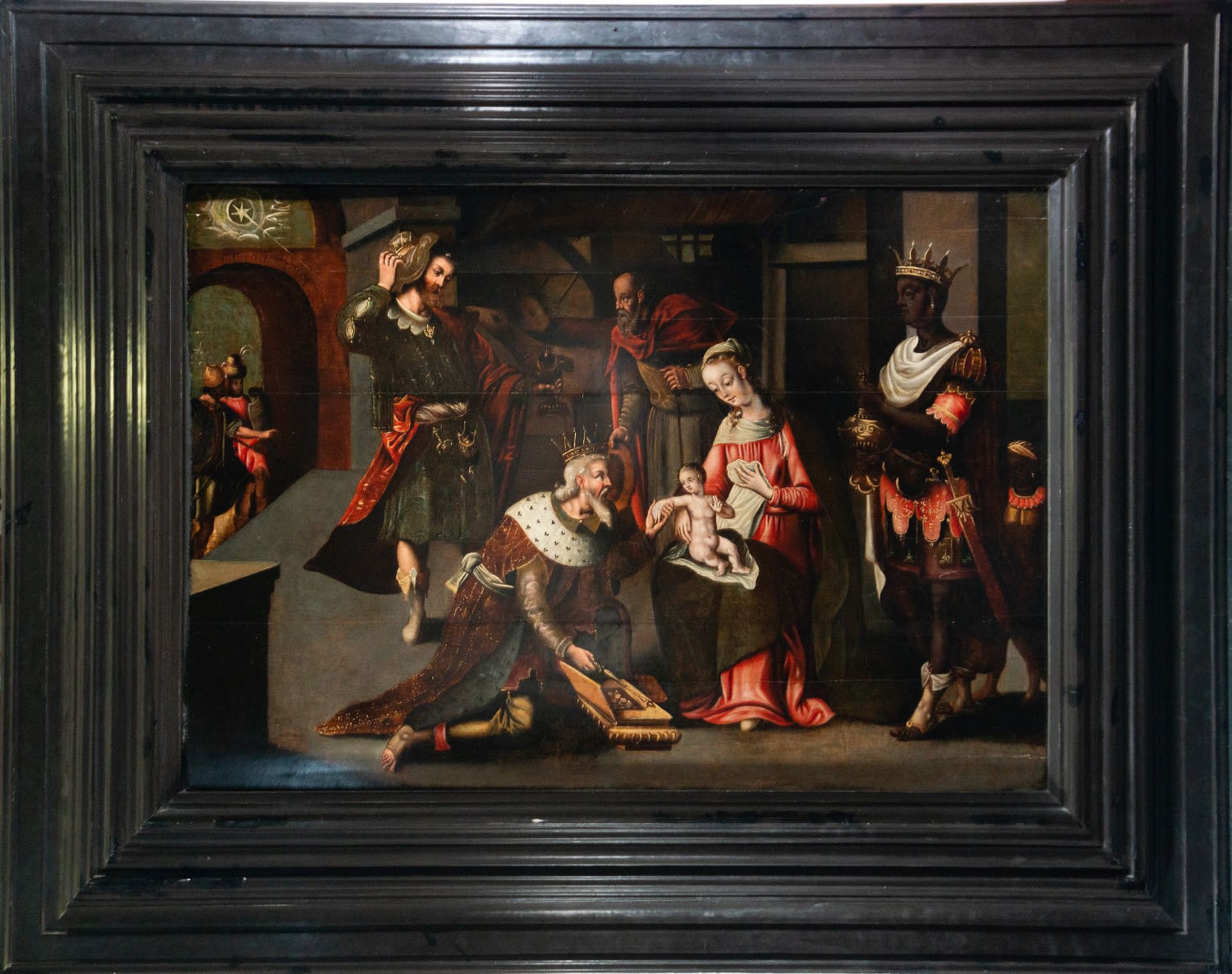 Large Oil on panel representing the Adoration of Kings, Italo-Flemish school of the 16th century