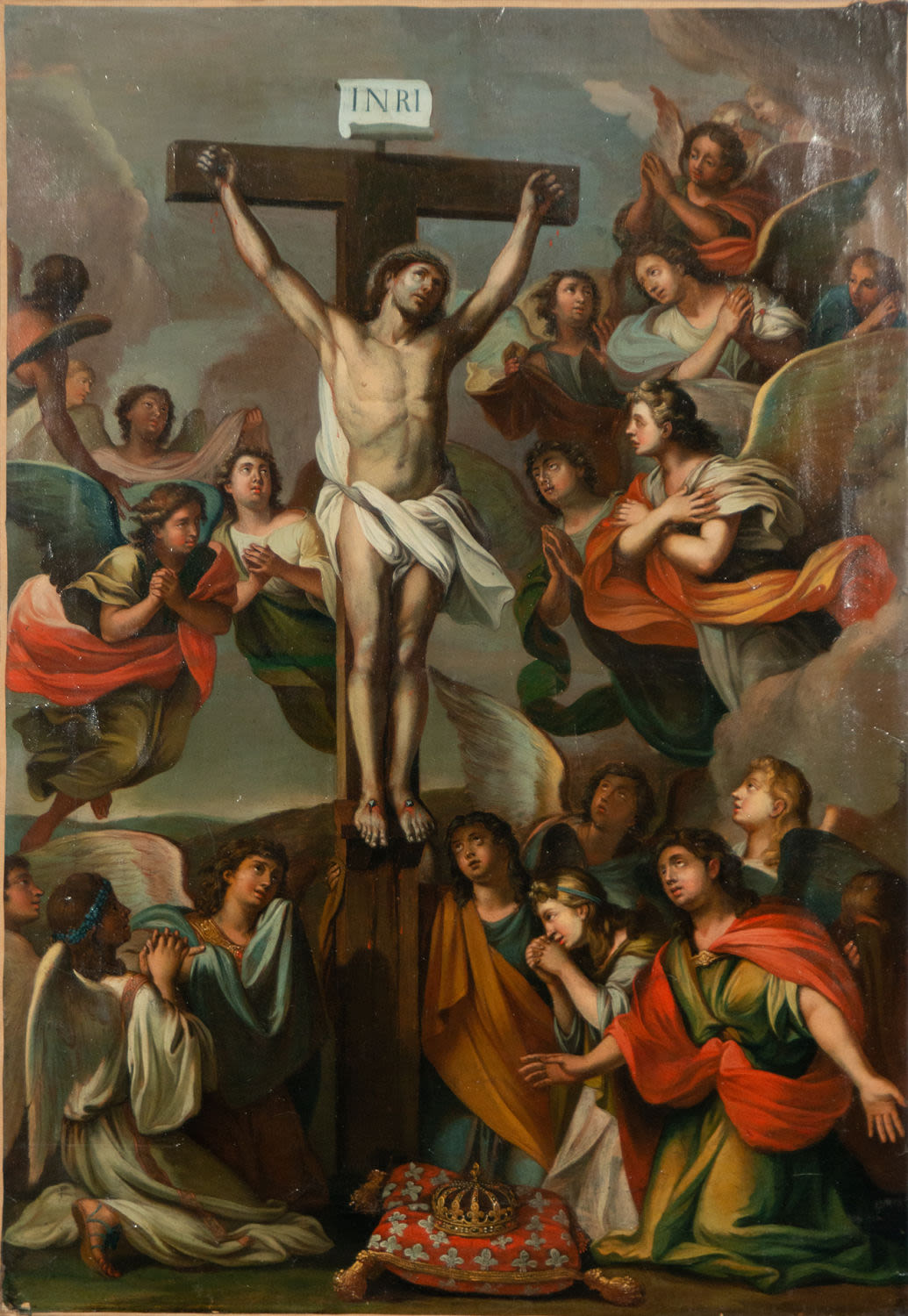 Christ on the Cross surrounded by Guardian Angels, Mexican colonial school of the XVII - XVIII centu