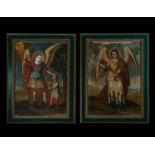 Bolivian colonial school from the end of the 18th century, a pair of beautiful Archangels in oil on 