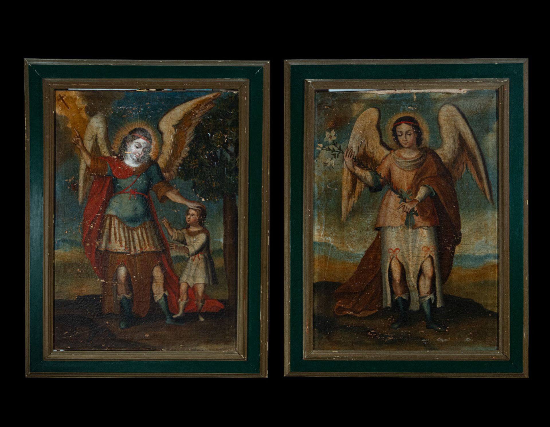 Bolivian colonial school from the end of the 18th century, a pair of beautiful Archangels in oil on 