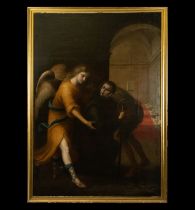 Large Archangel Archangel Gabriel assisting Saint John, manner of Pedro Anastasio Bocanegra, 17th C