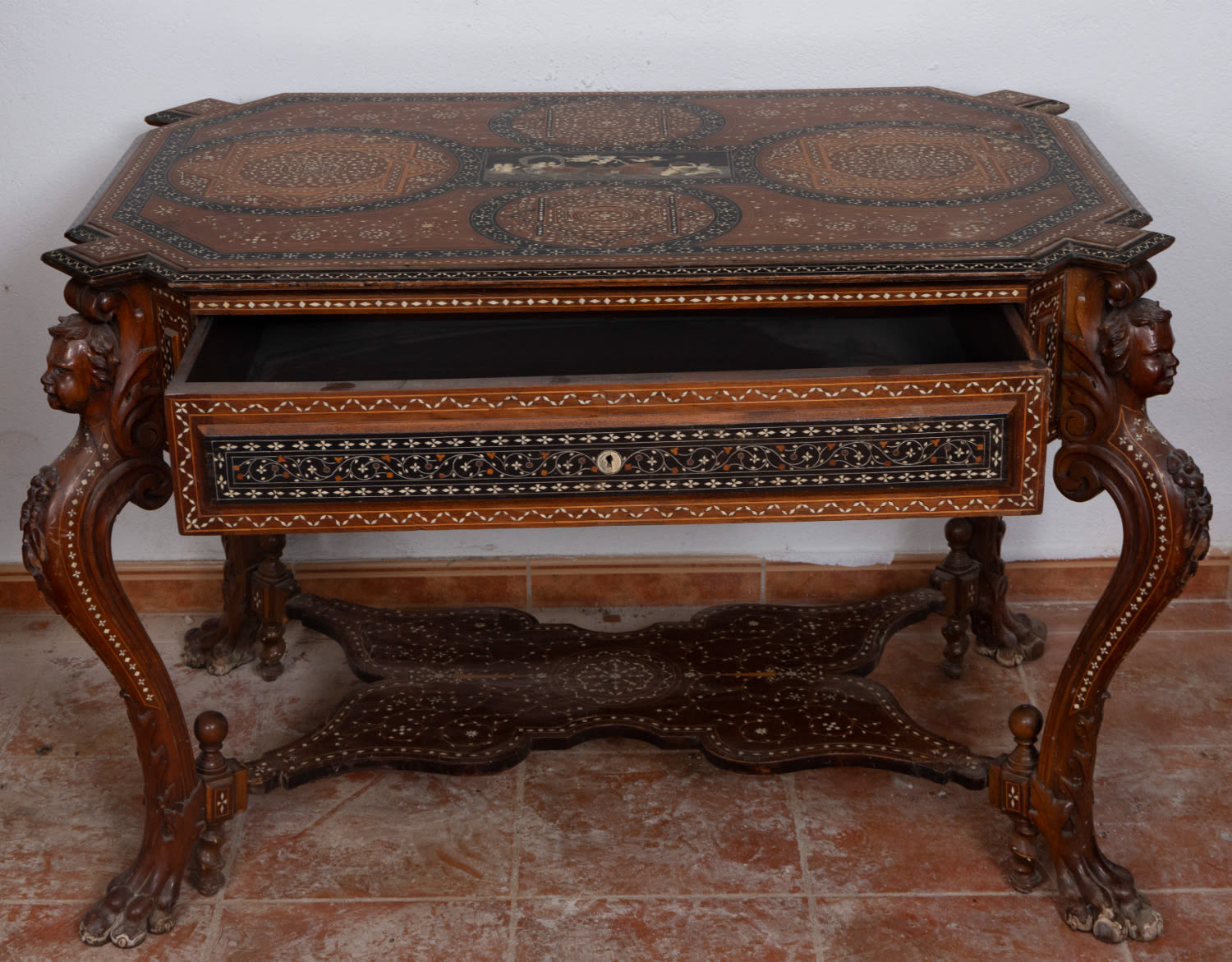 Beautiful table with drawer, made of copper, ebony and mother-of-pearl with bone inlays, 19th centur - Image 4 of 5