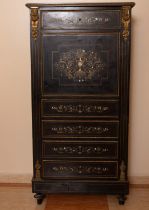 Distinguished Louis XV style Entredos Furniture with desk in ebonized wood and mercury gilded bronze