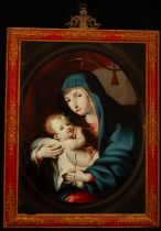 Magnificent Mexican Virgin and Child on cedar panel with period polychrome and gilded frame from the