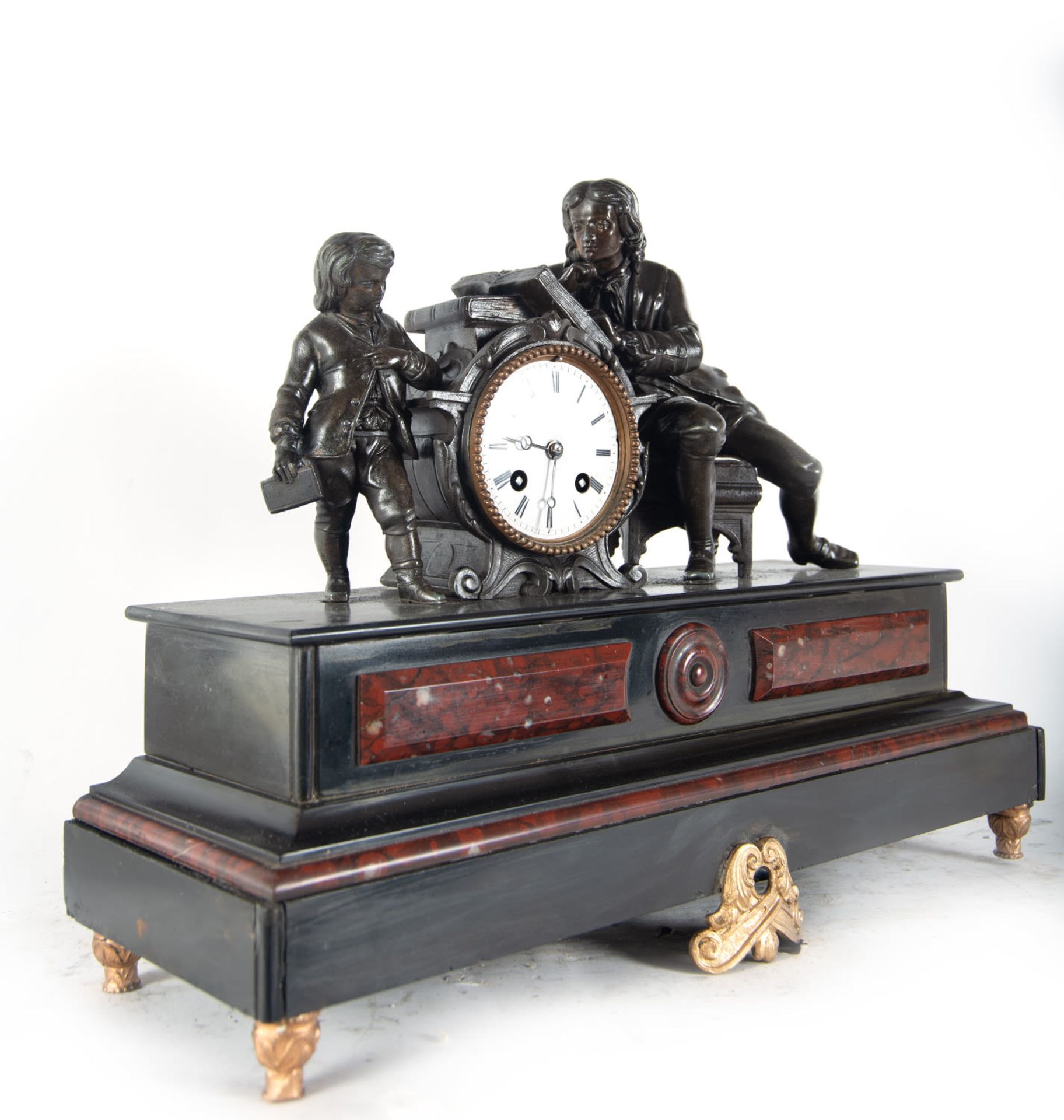 Neoclassical style clock in marble and calamine representing a reading lesson, late 19th century - Image 3 of 4