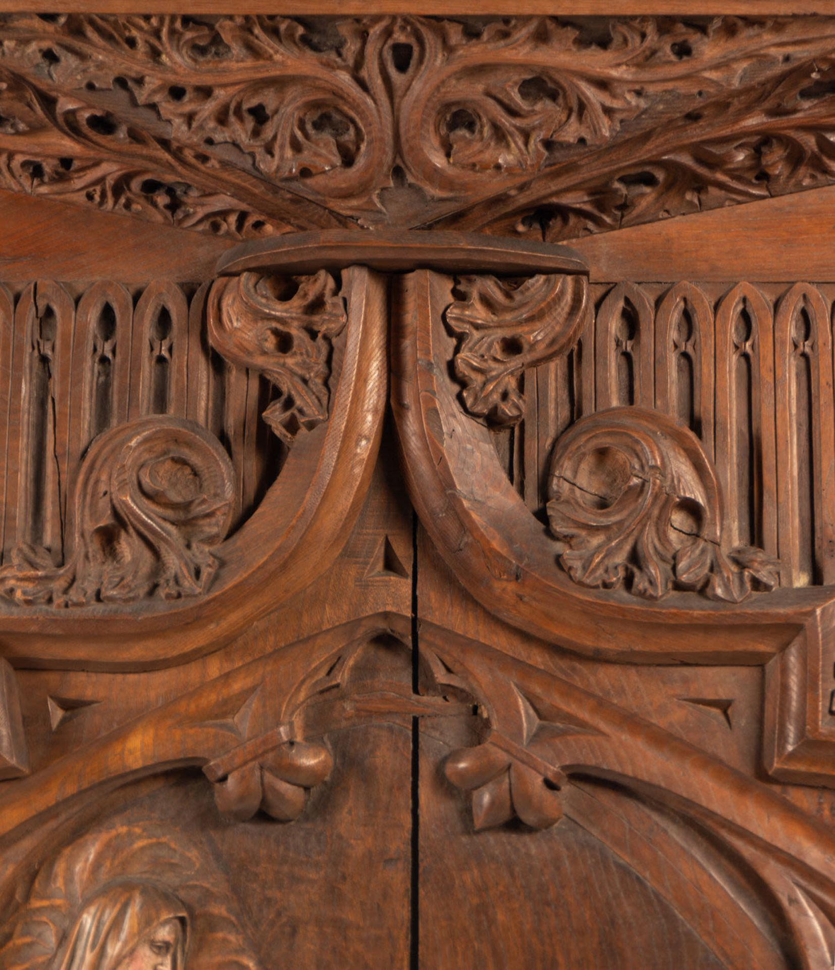 Virgin appearing to a Franciscan Monk, Neo-Gothic Relief in Oak, French school XIX century - Bild 8 aus 9