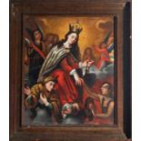 Virgen del Carmo saving sinners from Purgatory, 17th century colonial school, with period frame