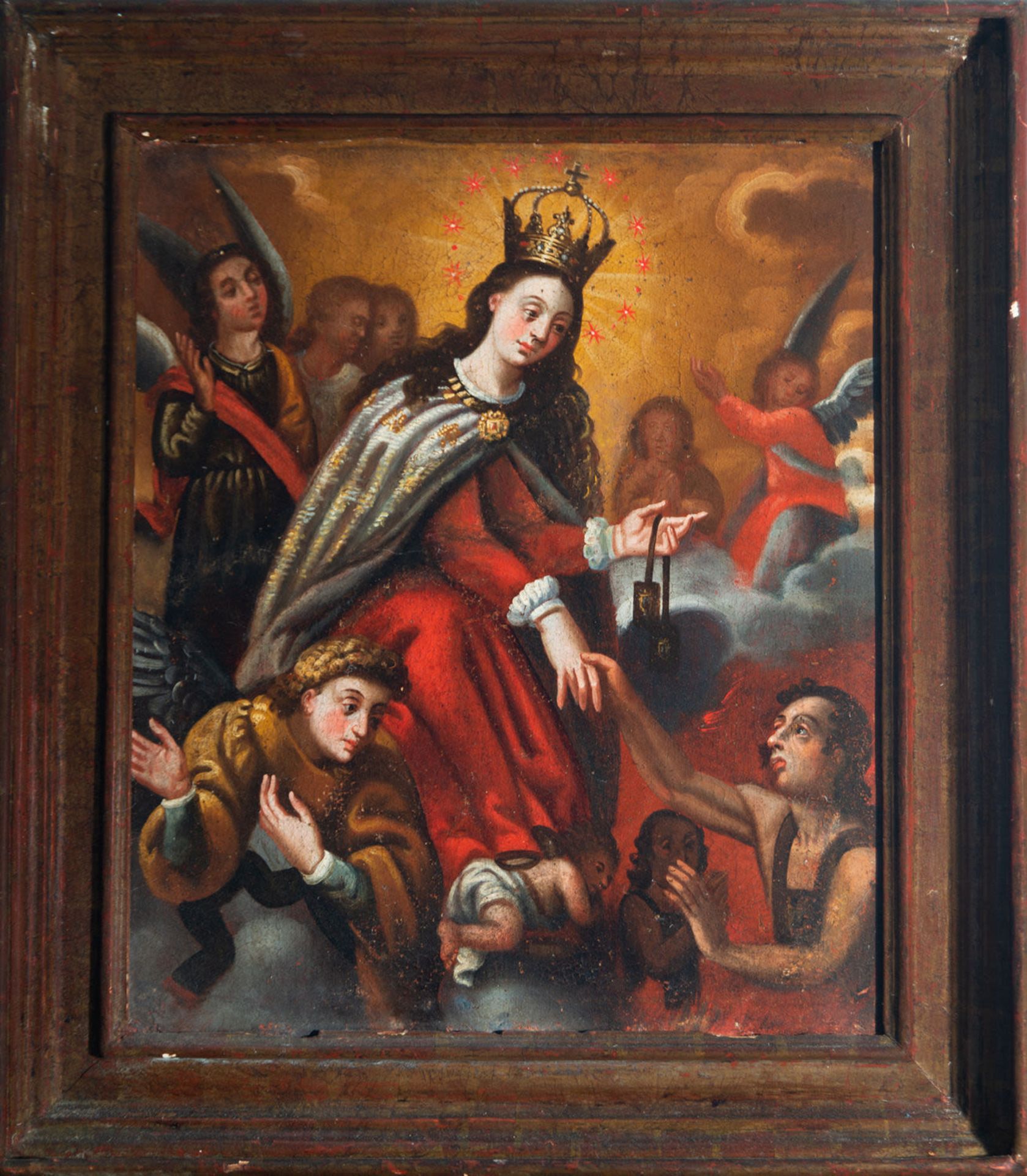 Virgen del Carmo saving sinners from Purgatory, 17th century colonial school, with period frame