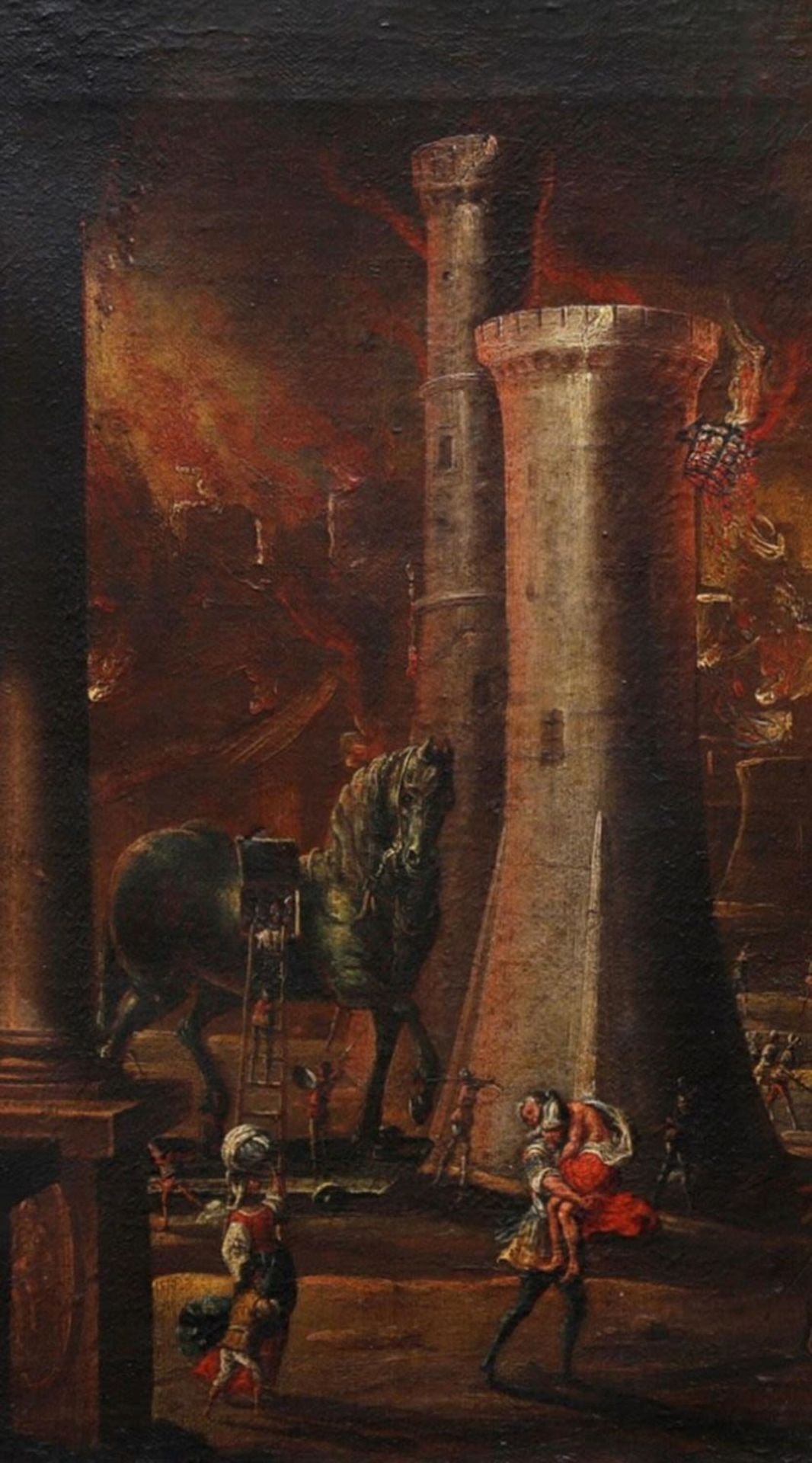 Exceptional Trojan Horse before Troy in Flames, Flemish or Italian Baroque Master to identify 17th c - Image 4 of 5