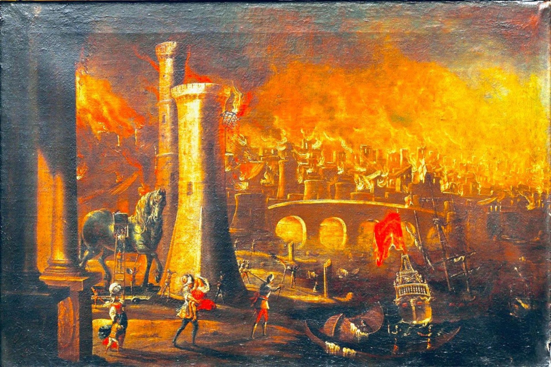 Exceptional Trojan Horse before Troy in Flames, Flemish or Italian Baroque Master to identify 17th c - Image 2 of 5