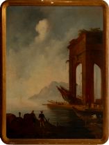 Port landscape with capriccio, Neapolitan school, 19th century