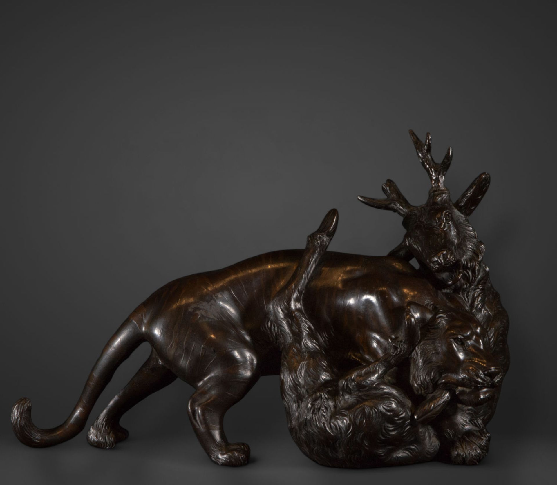Beautiful bronze sculpture of a lion hunting a deer, 19th century