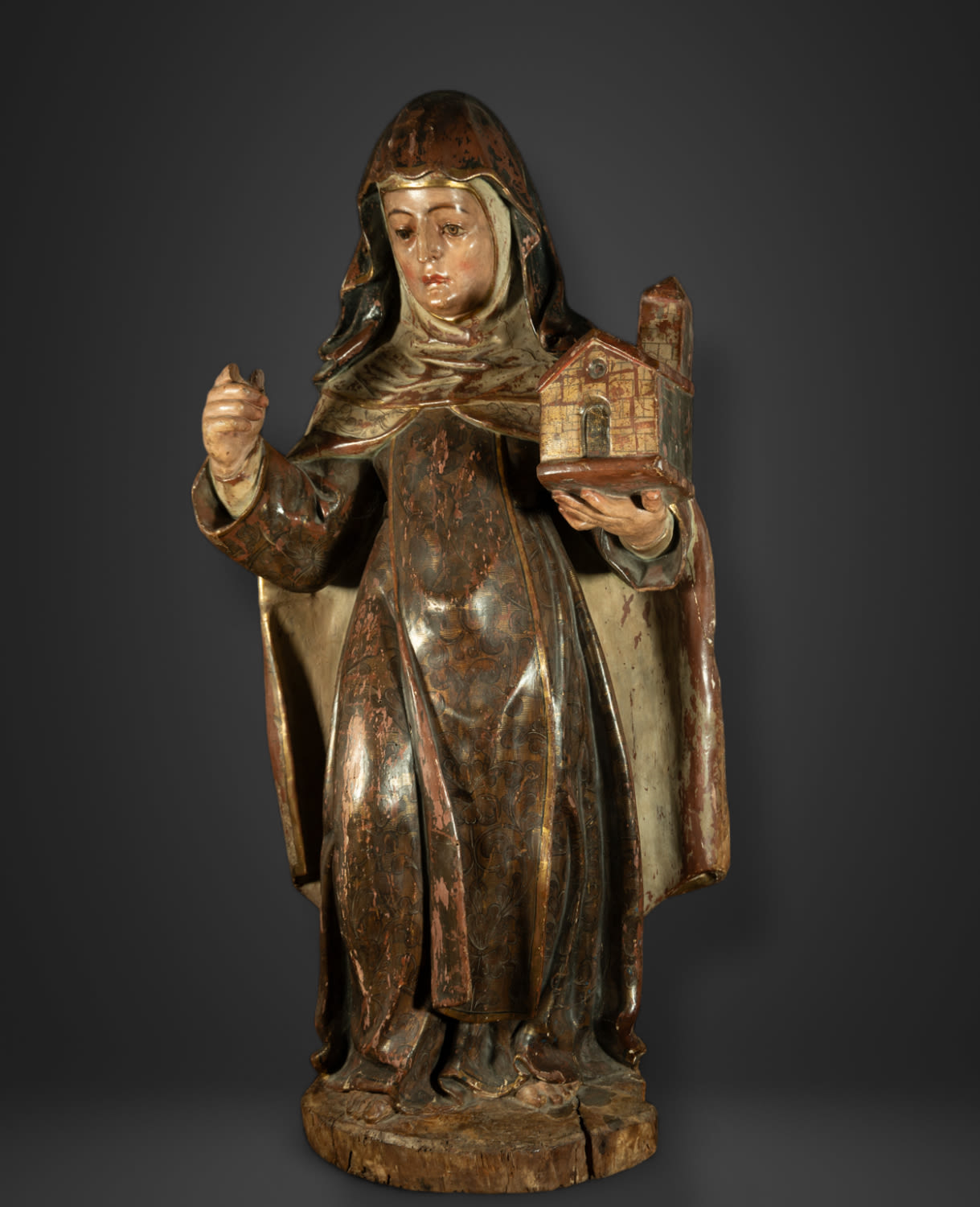 Large Carving of Saint Clare in carved wood and Terracotta, Granada Baroque school of the 18th centu