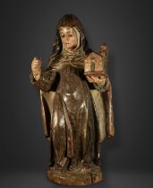 Large Carving of Saint Clare in carved wood and Terracotta, Granada Baroque school of the 18th centu