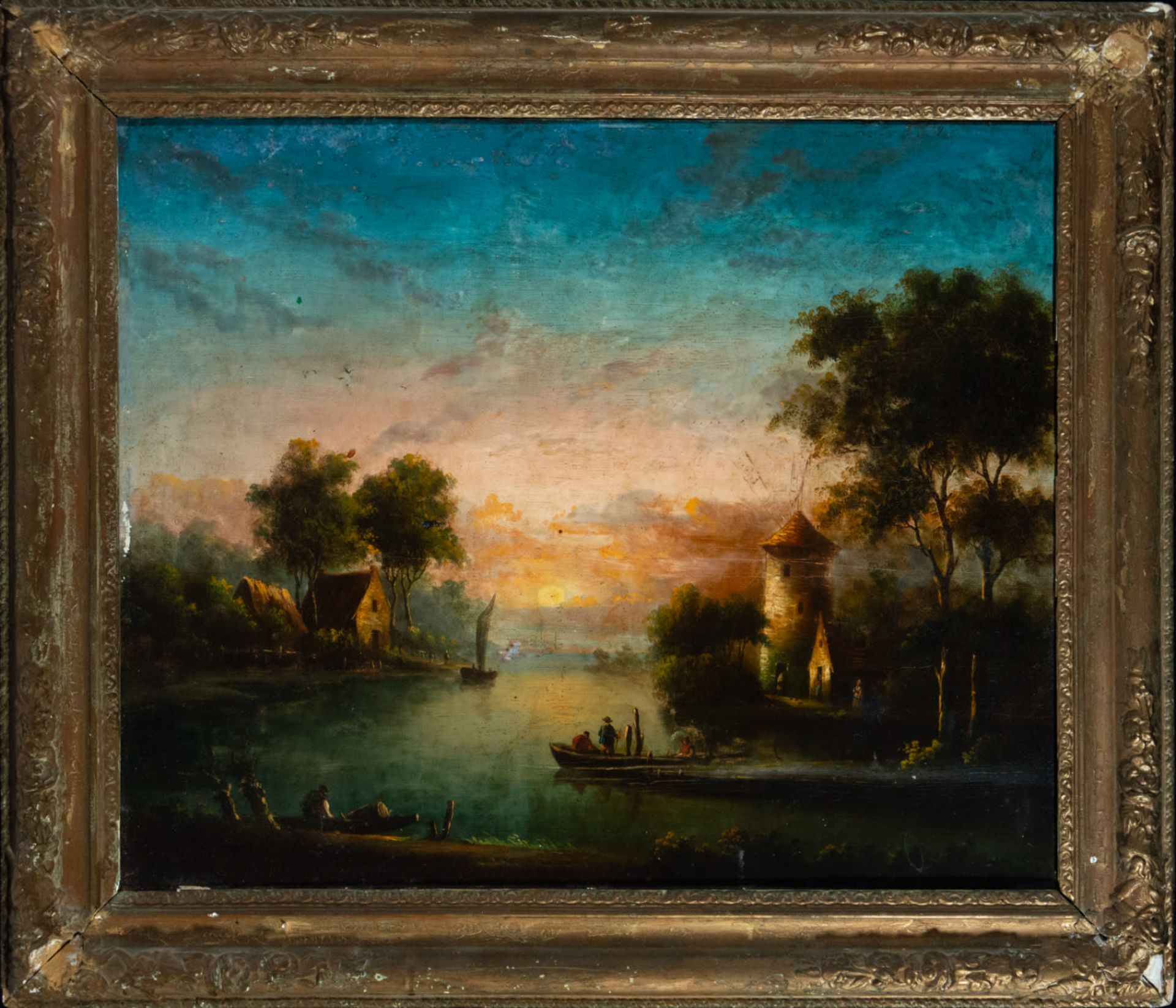 Dutch canal painted in oil on panel, 18th century