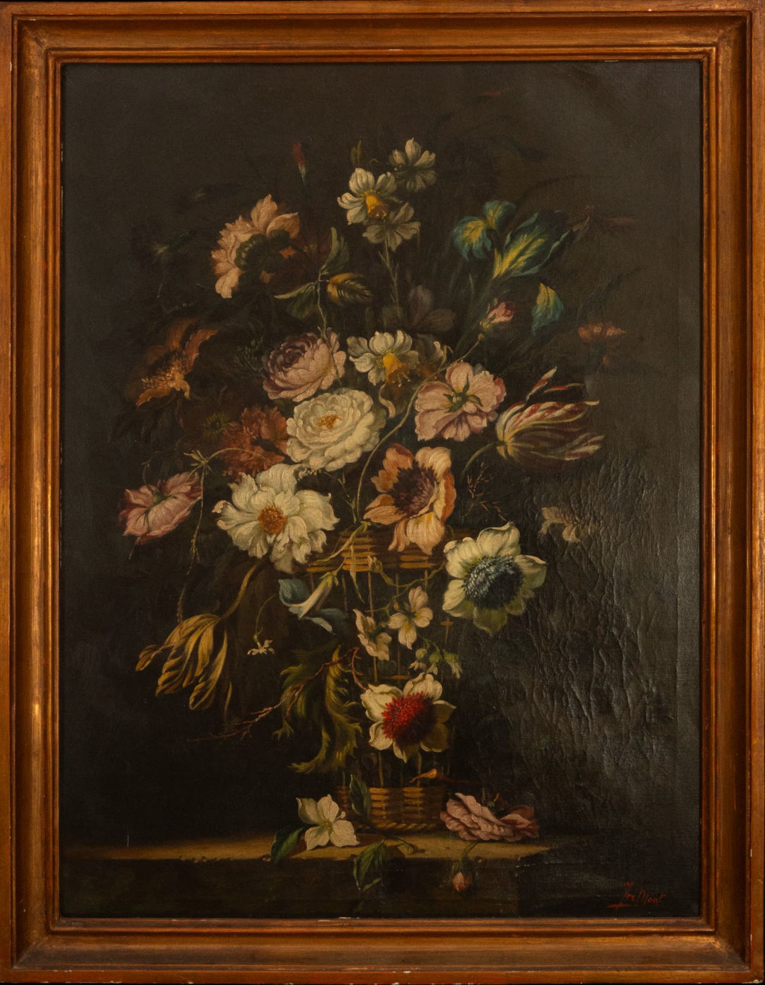 Still life of Flowers on canvas, Belgian or French school, signed J. Rimont, 19th century