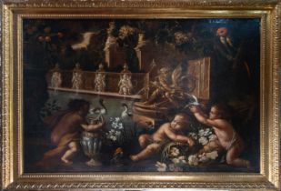 Important still life of Cherubs at a Fountain, circle of Nicola Cassissa, Italian school of the 17th