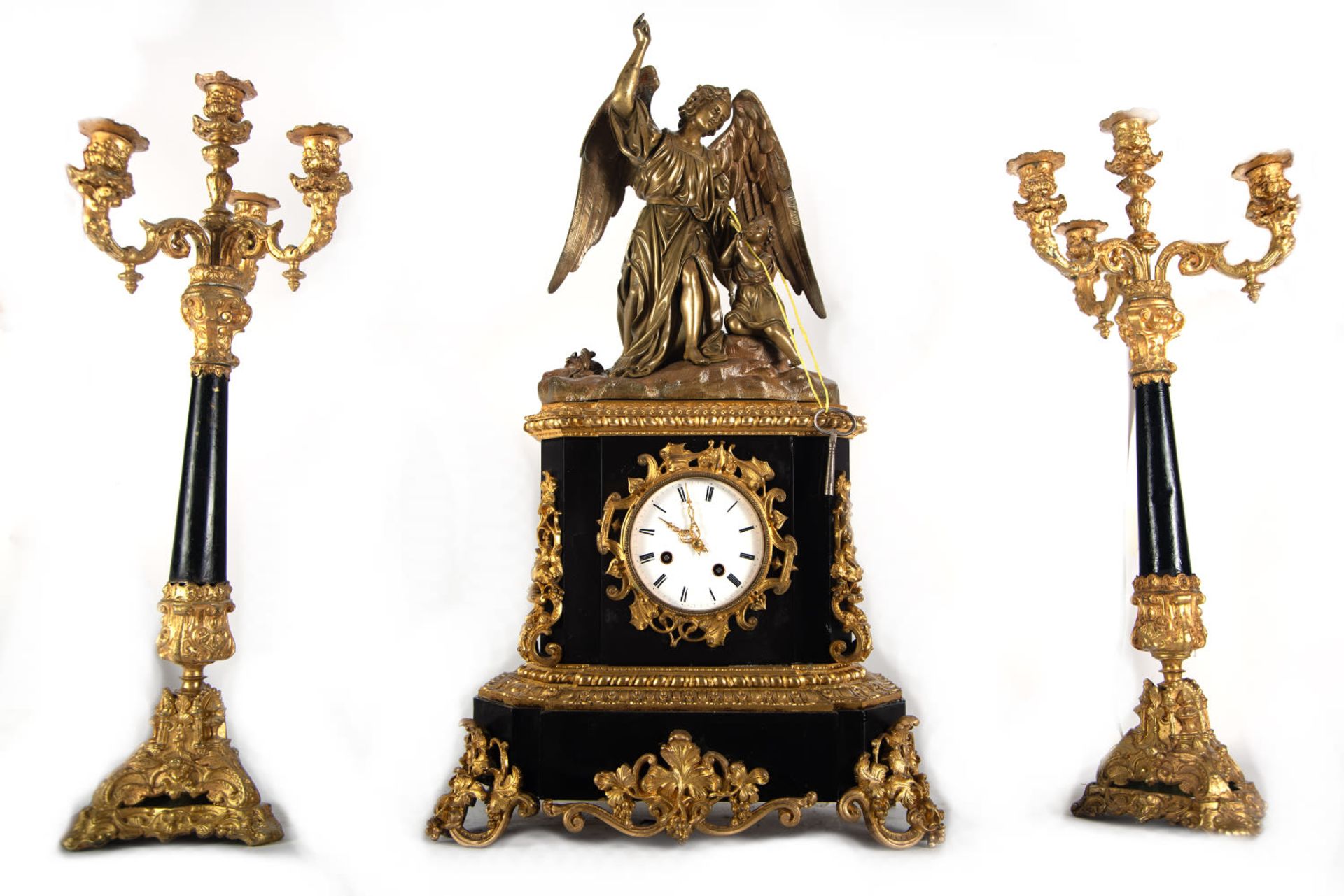 Napoleon III garniture depicting the Angel Gabriel with two candlesticks, second half of the 19th ce