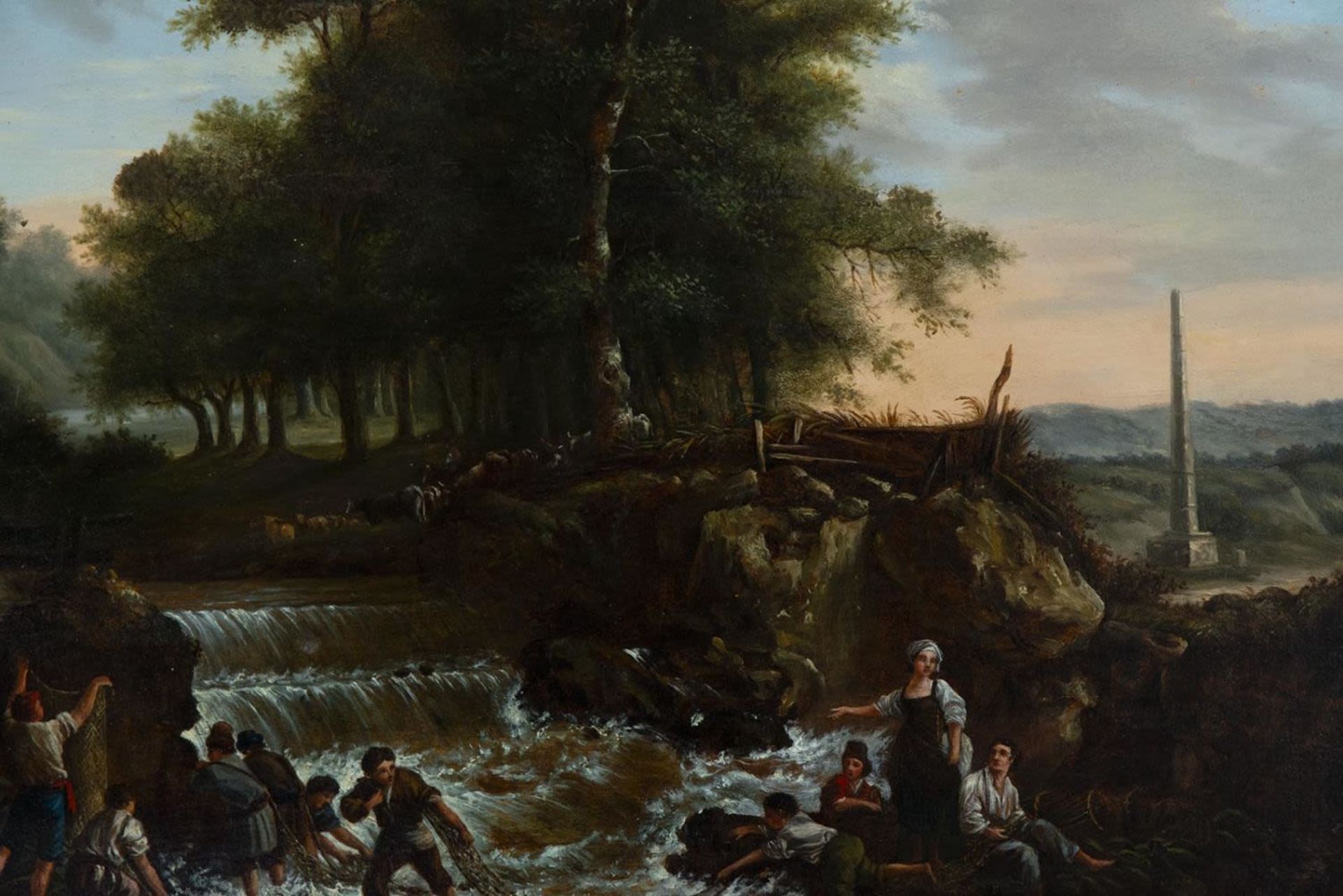 View of Waterfall with Characters next to Obelisk Ruins, Italian school from the early 18th century  - Image 3 of 6