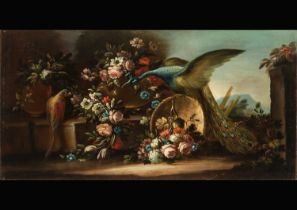 Italian still life of Flowers and Peacock, 18th century Italian school
