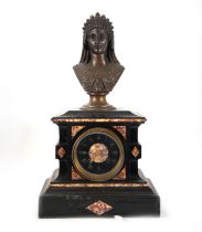 Table clock in red and black marble, with bronze bust of the Goddess Ceres, 19th century